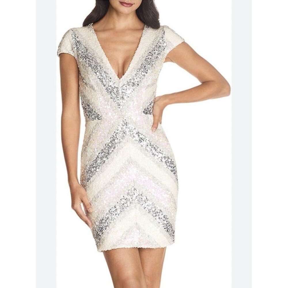 Dress The Population Zoe Sequin Sheath Dress In Off White Multi Sz Small New
